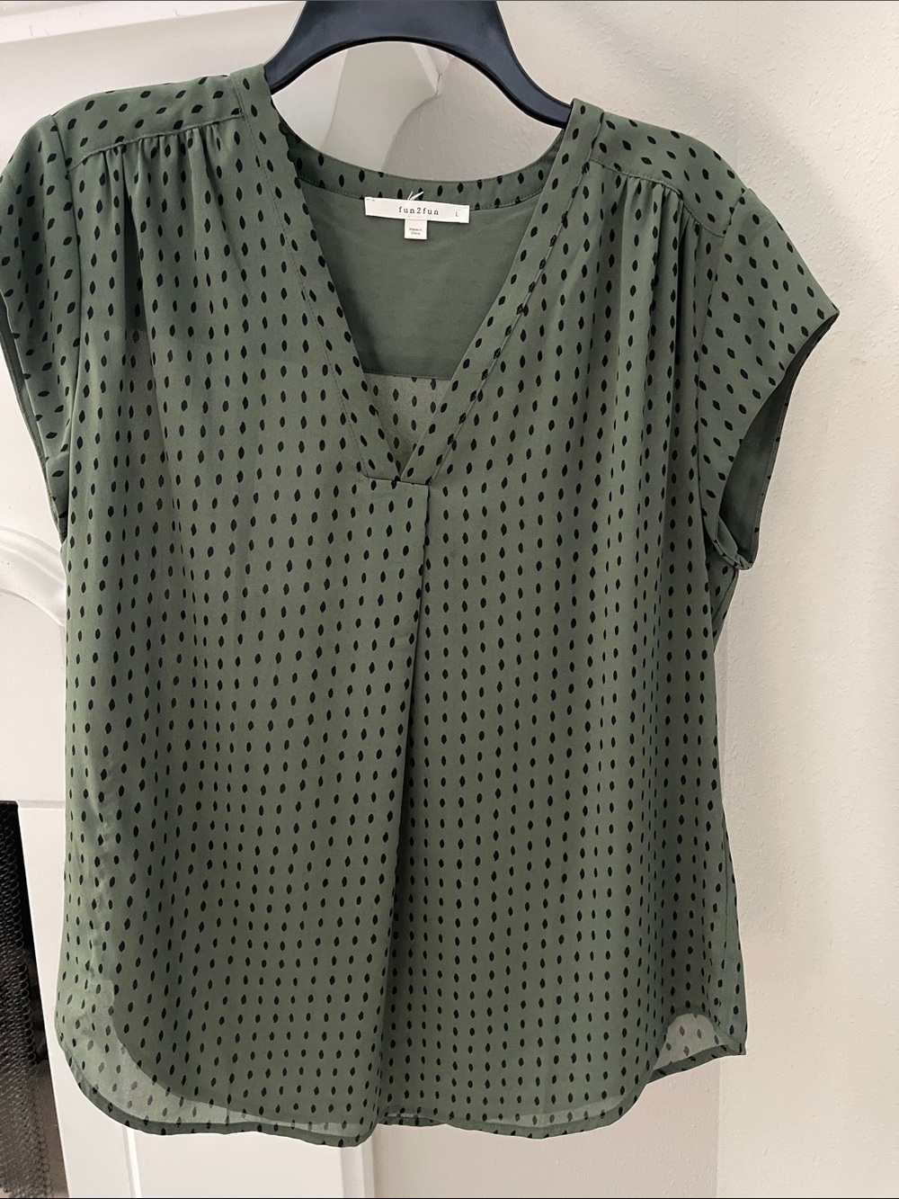 fun 2 fun Olive Green Dot V-Neck Cap Sleeve Blouse